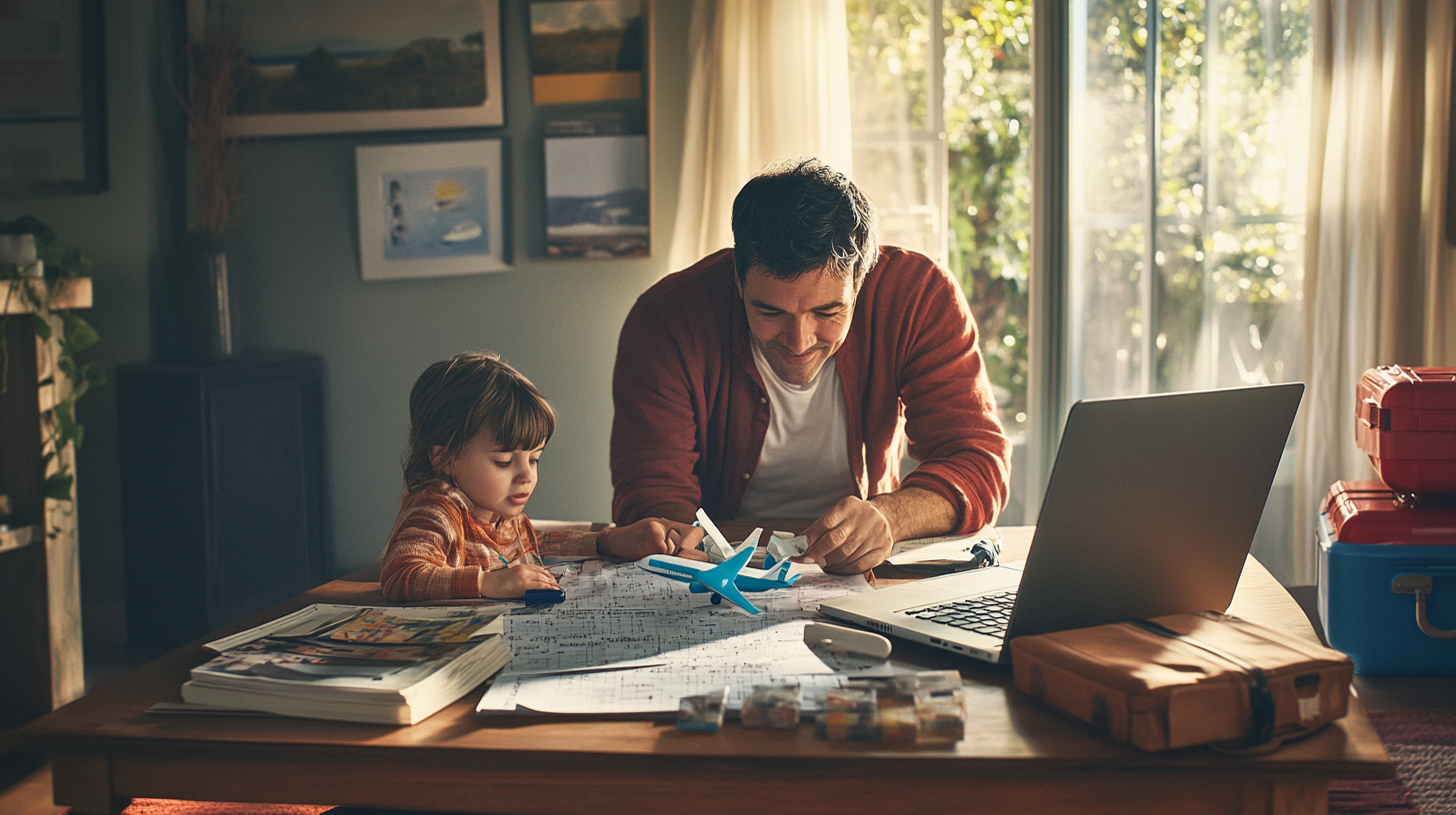 A man and a young child are sitting at a table in a cozy room. They are engaged in an activity involving a model airplane and a large sheet of paper with diagrams or plans. The man is smiling and appears to be explaining something to the child. On the table, there is a laptop, a stack of books, and some small containers. The room is warmly lit, with sunlight streaming through a window in the background.