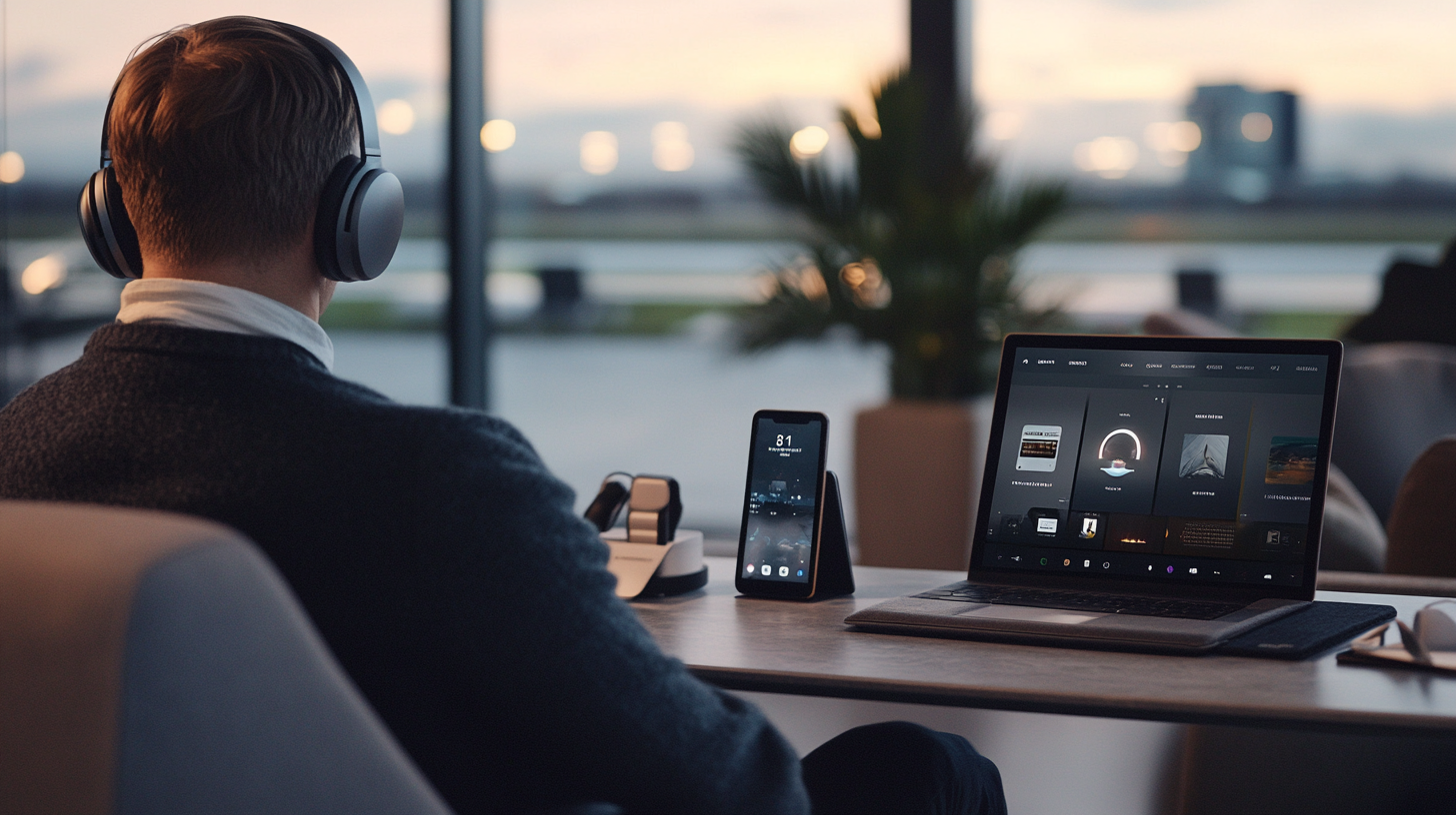 A person wearing headphones is sitting at a table, looking at a laptop and a smartphone. The laptop screen displays various applications, while the smartphone is propped up next to it. The setting appears to be a modern, well-lit indoor space with large windows and a blurred view of the outdoors. A plant is visible in the background.