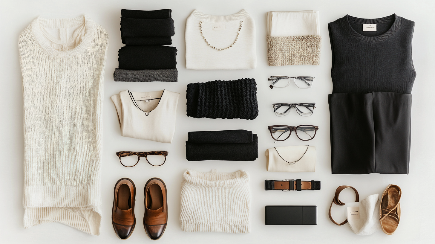 The image shows a neatly arranged flat lay of various clothing and accessories on a white background. Items include folded sweaters in black and cream, a sleeveless black top, a pair of black pants, several pairs of eyeglasses, a pair of brown leather shoes, a black belt, a white knit sweater, a cream blouse, a black scarf, and a pair of brown sandals. There is also a black rectangular box and a brown leather strap.