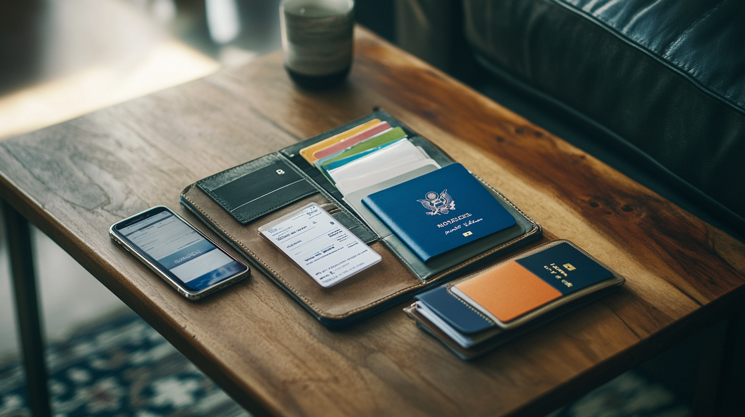 The image shows a wooden table with a smartphone, an open travel wallet containing a passport, boarding pass, and several cards. A cup is in the background, and a leather couch is partially visible.
