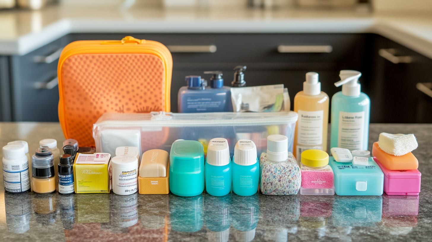 The image shows a collection of various travel-sized toiletries and personal care products arranged on a countertop. There are small bottles, jars, and containers of different shapes and colors, including blue, yellow, and pink. In the background, there is an orange travel case and a clear zippered pouch. The setting appears to be a kitchen or bathroom with dark cabinets and a light countertop.