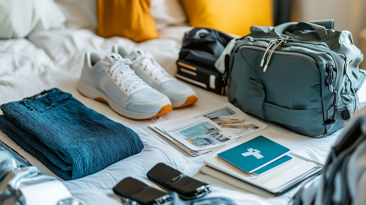 The image shows a neatly arranged collection of travel items on a bed. There are white sneakers, a folded pair of blue pants, a gray duffel bag, a smaller black bag, and a stack of travel brochures or magazines. Additionally, there are two black electronic devices, possibly phones, and a blue notebook with a white cross design on the cover. The background includes white and yellow pillows.