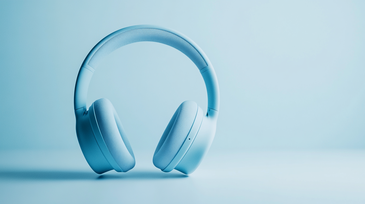 The image shows a pair of light blue over-ear headphones against a matching light blue background. The headphones are positioned upright, with the ear cups facing forward.