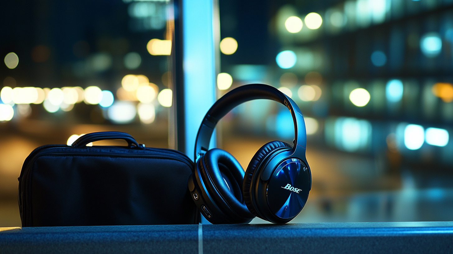 A pair of Bose headphones is placed next to a black carrying case on a ledge. The background is blurred, showing city lights at night.