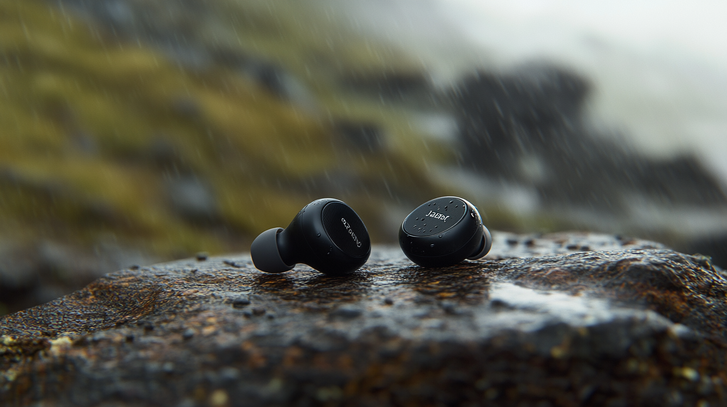 A pair of black wireless earbuds resting on a wet, rocky surface. The background is blurred, suggesting an outdoor setting with rain or mist.