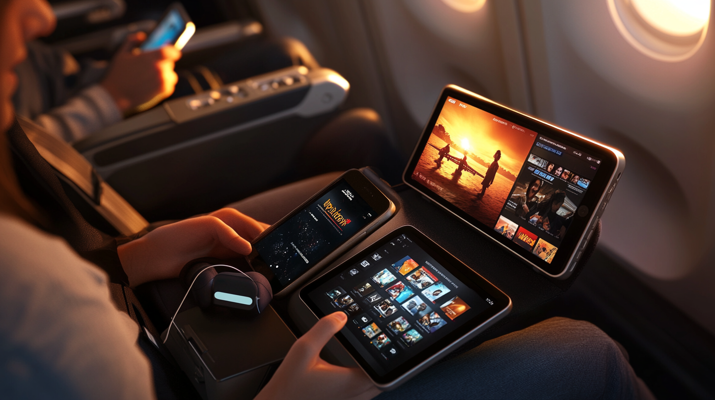 A person is seated on an airplane, holding a smartphone and a tablet. The smartphone displays a movie selection screen, while the tablet shows a movie streaming interface with various film options. Another passenger is visible in the background, also using a device. The airplane window is partially visible, indicating the setting is during a flight.