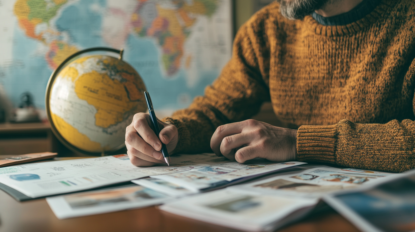 A person wearing a brown sweater is writing on papers spread out on a desk. A globe is positioned nearby, and a world map is visible in the background. The scene suggests a study or planning environment.
