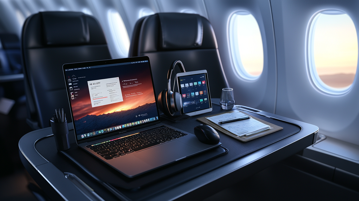 A laptop, tablet, and headphones are set up on an airplane tray table. The laptop screen displays a flight booking page, while the tablet shows a media selection interface. A mouse, a glass of water, and a clipboard with papers are also on the table. The airplane window reveals a view of the sky, and the seats are upholstered in dark leather.