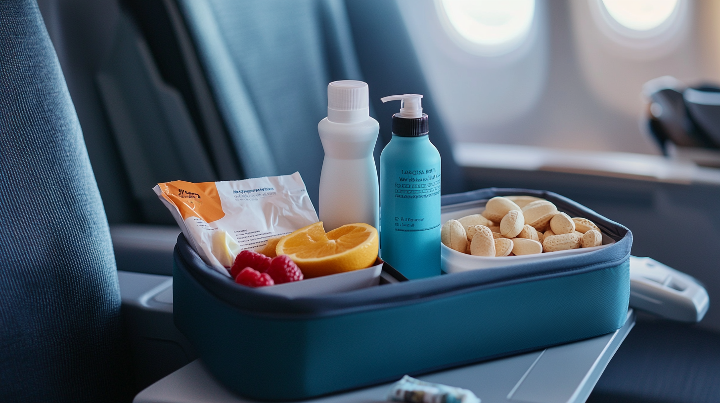 The image shows a tray on an airplane seat's tray table. The tray contains a packet of snacks, a sliced orange, raspberries, a white bottle, a blue bottle, and a bowl of small bread rolls. The background shows airplane seats and windows.