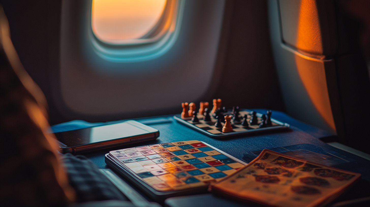 The image shows a small airplane tray table with a chessboard, a smartphone, and a colorful puzzle book. The scene is illuminated by warm sunlight coming through the airplane window.
