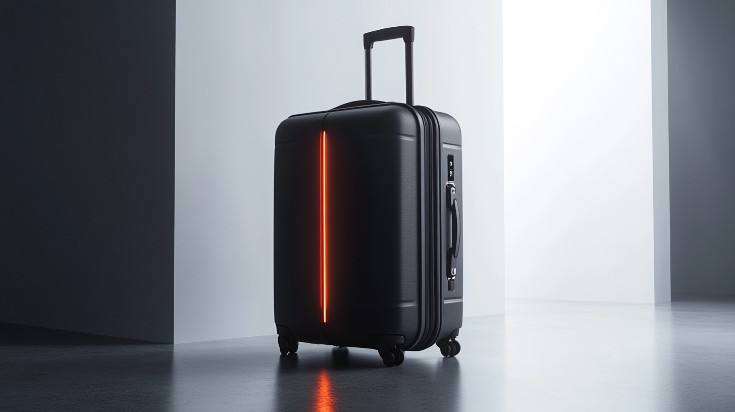 A sleek, black suitcase with a vertical red LED light strip in the center, standing upright on four wheels in a minimalist, well-lit room. The suitcase has a telescopic handle extended at the top.