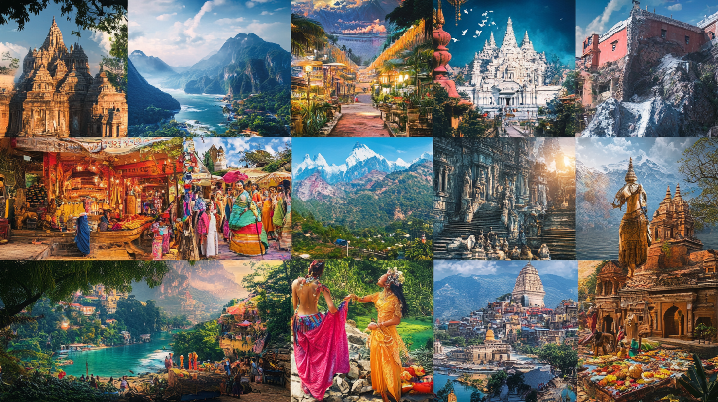 The image is a collage of vibrant and colorful scenes depicting various cultural and natural landscapes. It includes ancient temples with intricate architecture, lush green mountains, bustling markets with people in traditional attire, serene rivers, and picturesque villages. There are also images of people in traditional costumes, and a statue overlooking a mountainous backdrop. The overall theme is rich in cultural diversity and natural beauty.