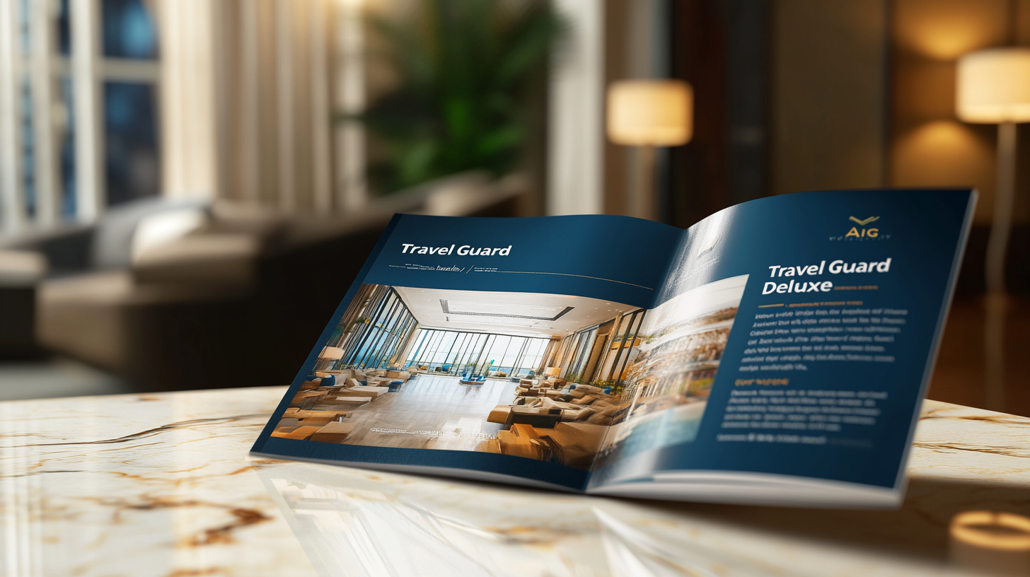 The image shows an open brochure titled 'Travel Guard' placed on a marble table. The brochure features a luxurious hotel lobby with large windows and comfortable seating. The background is a blurred, elegant room with soft lighting and a plant.