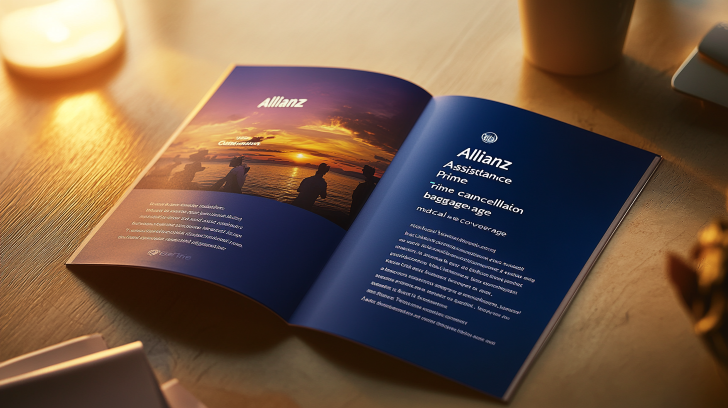 The image shows an open brochure on a wooden table. The left page features a sunset over water with silhouettes of people, and the word 'Allianz' is visible. The right page has text about Allianz services, including assistance, prime, time cancellation, baggage, and medical coverage. A candle and a cup are partially visible on the table.