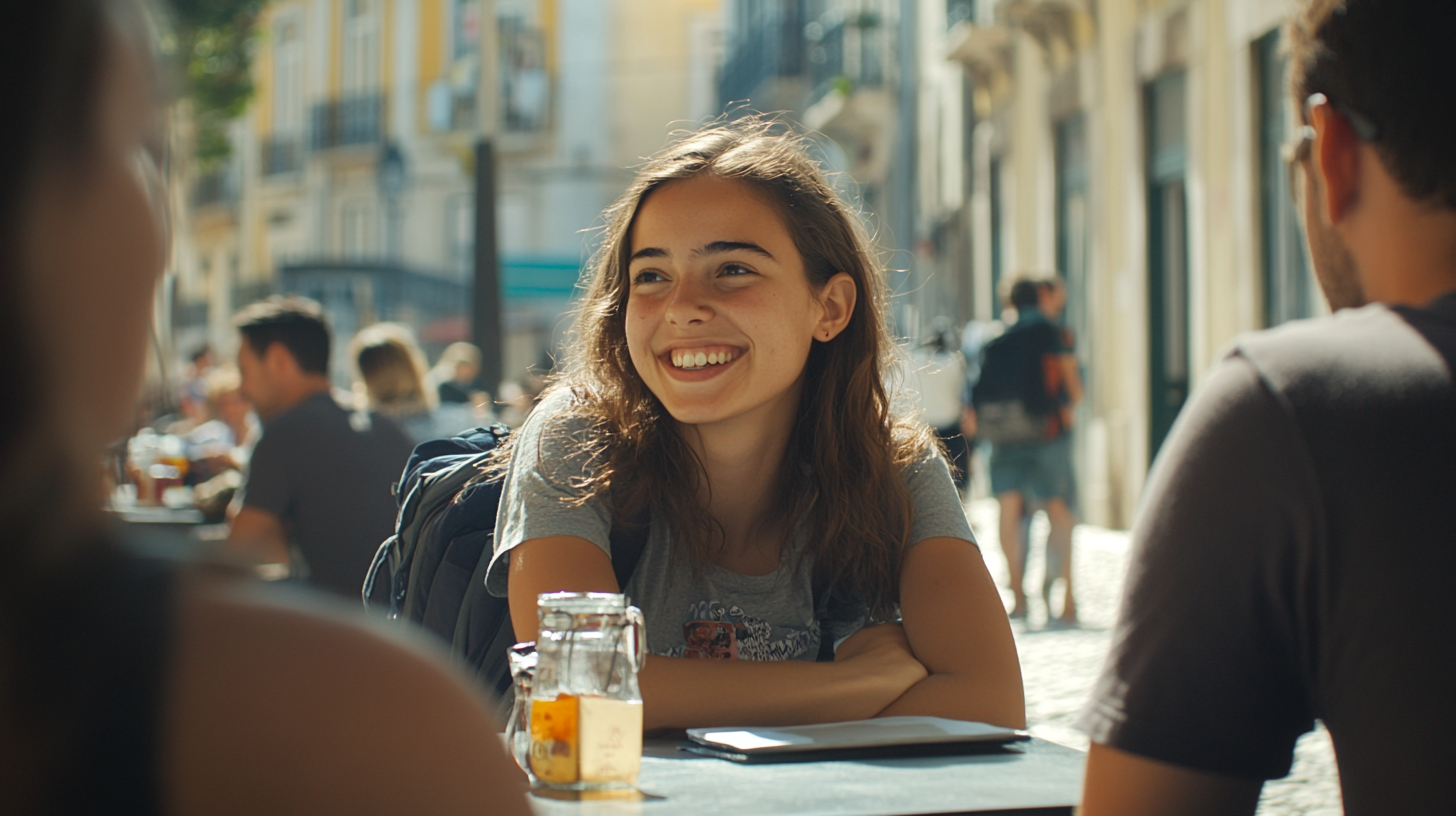 A young woman with long brown hair is sitting at an outdoor café table, smiling and looking at someone across from her. She is wearing a gray t-shirt and has a backpack on the chair next to her. The background shows a busy street with people walking and historic buildings. A jar with a drink is on the table.