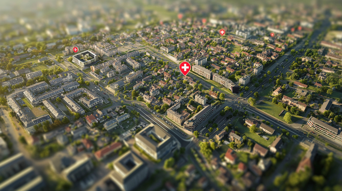 Aerial view of a cityscape with several buildings, roads, and green spaces. The image features multiple red location markers with white cross symbols, indicating the presence of healthcare facilities or hospitals throughout the area. The scene is well-lit, suggesting it is daytime.
