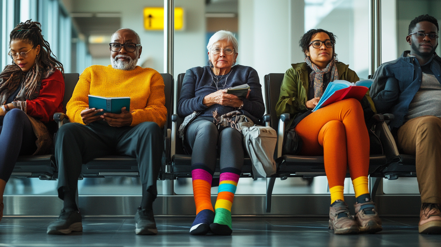 A group of five people sitting in an airport waiting area. They are seated in a row, each engaged in their own activity. The person on the left is reading a book, the second person is wearing a bright yellow sweater and holding a blue book, the third person is an elderly woman with white hair wearing colorful striped socks, the fourth person is reading a red book, and the fifth person is looking forward. The setting is modern with large windows in the background.