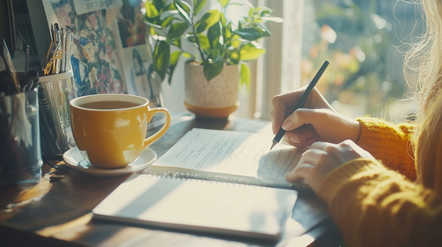 A person is writing in a notebook with a pen, sitting at a wooden desk. There is a yellow cup of tea or coffee on a saucer nearby. The desk also has a potted plant and a container holding pens and pencils. Sunlight is streaming in through a window, creating a warm and cozy atmosphere.