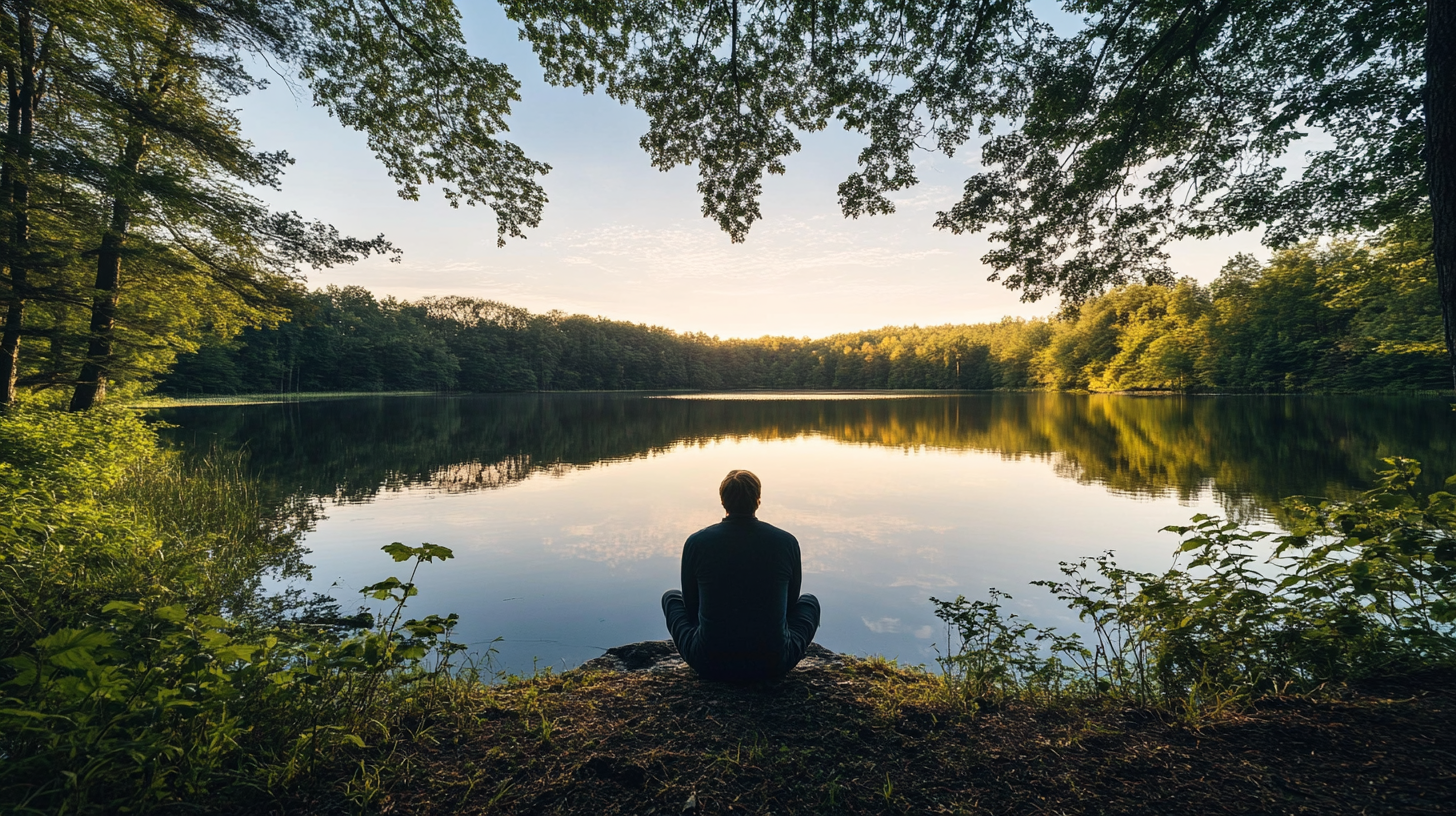 A person is sitting cross-legged on the ground, facing a calm lake surrounded by dense trees. The scene is peaceful, with the sky reflecting on the water's surface. The image is framed by overhanging tree branches, and the lighting suggests it is either sunrise or sunset.