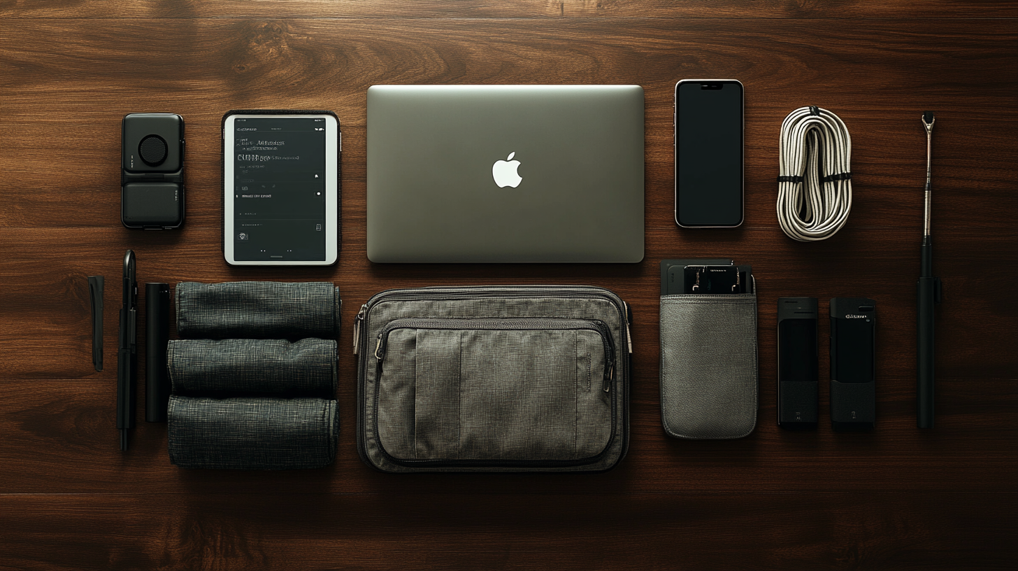 A neatly arranged flat lay of various tech gadgets and accessories on a wooden surface. Items include a closed laptop with an Apple logo, a tablet displaying text, a smartphone, a coiled cable, a small camera or device, a stylus or pen, a folded fabric item, a gray pouch, and a few other small electronic devices.