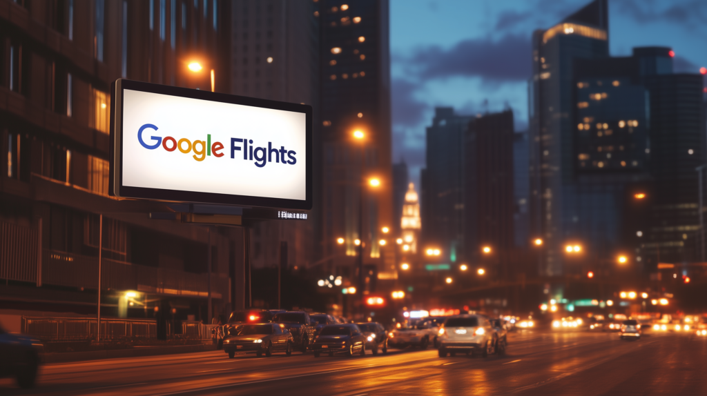 The image shows a city street at night with a large digital billboard displaying the text "Google Flights." The street is busy with cars, and the background features tall buildings with illuminated windows and streetlights.