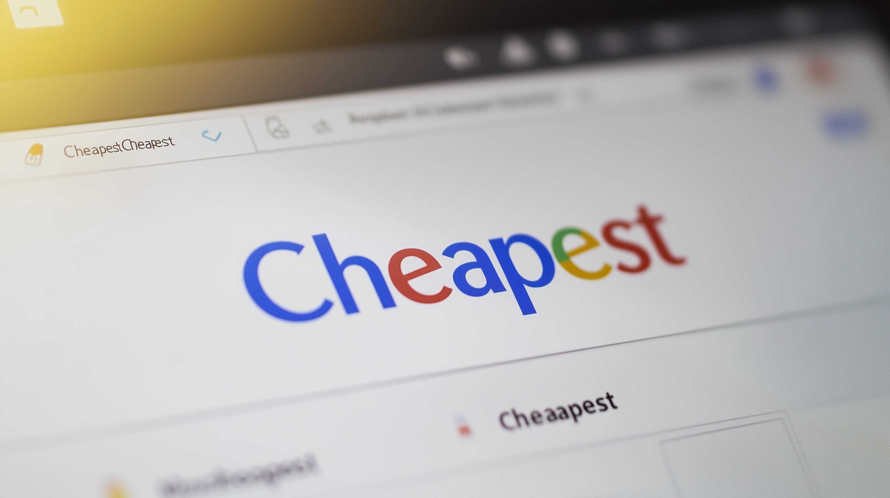 The image shows a close-up of a computer screen displaying a web browser. The word "Cheapest" is prominently displayed in large, colorful letters resembling the Google logo style. The browser tab also shows the word "Cheapest." The background is slightly blurred, and there is a soft yellow light in the top left corner.