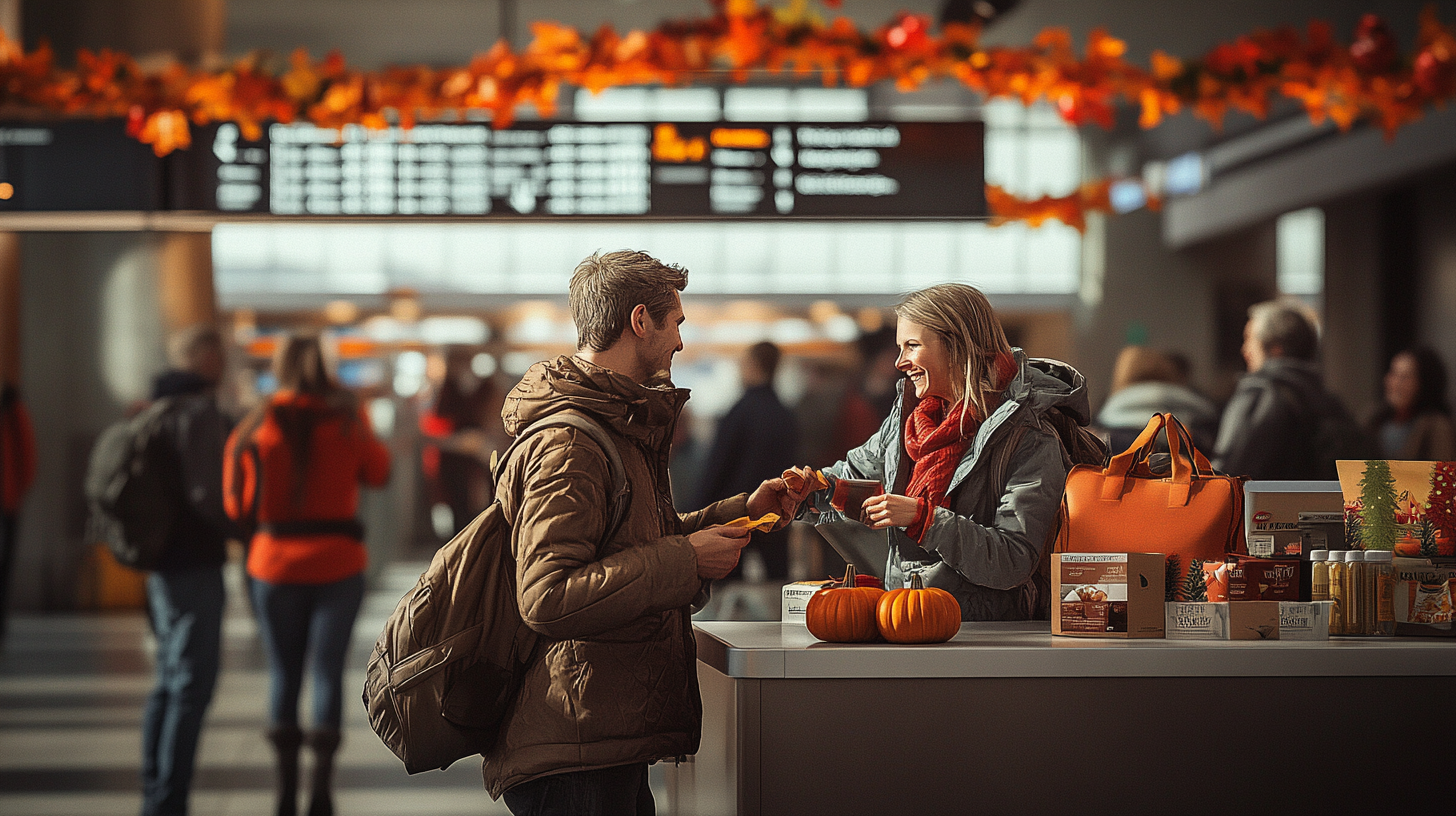 A man and a woman are smiling at each other in an airport terminal. The man is wearing a brown jacket and carrying a backpack, while the woman is wearing a gray coat and red scarf. They are standing at a counter decorated with small pumpkins and autumn-themed items. In the background, there are people walking and a large flight information board. The scene is decorated with orange and red autumn leaves.