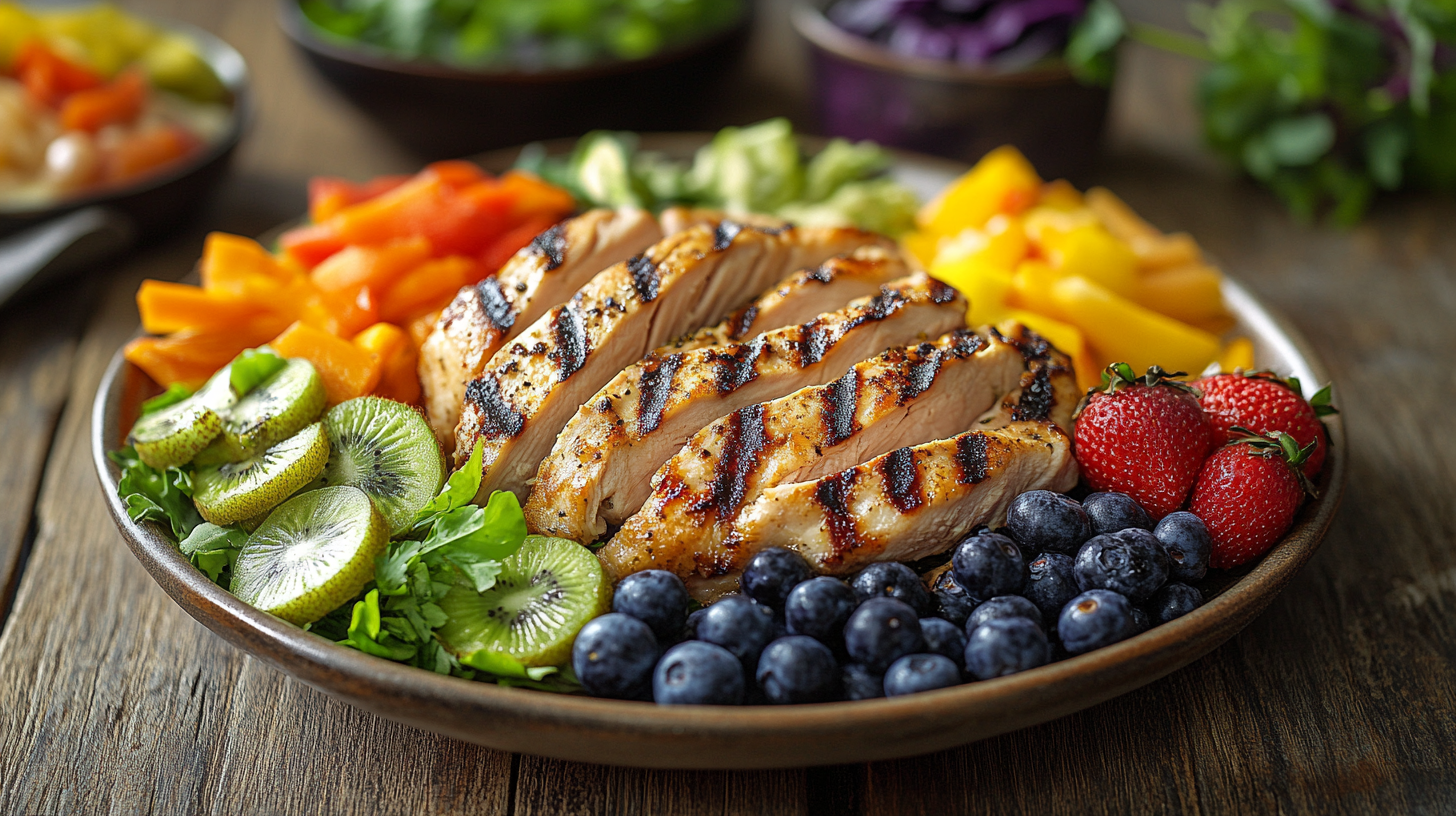 A plate of grilled chicken breast slices surrounded by a colorful assortment of fruits and vegetables. The dish includes sliced kiwi, blueberries, strawberries, and a variety of bell peppers. The food is arranged on a wooden table, creating a vibrant and appetizing presentation.