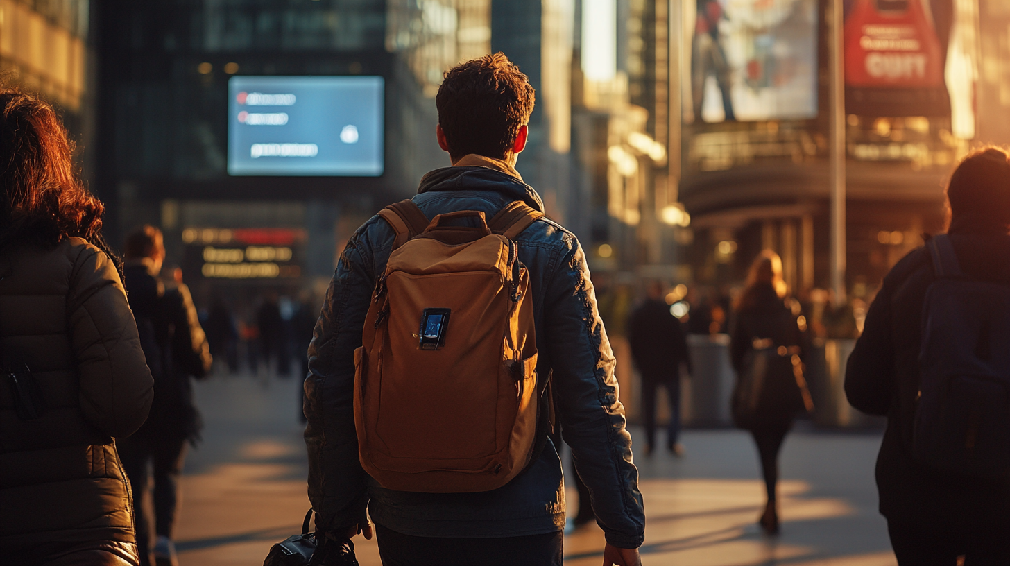 A person wearing a brown backpack and a jacket is walking through a busy urban area. The scene is set during sunset, casting a warm glow on the buildings and people around. The background features modern architecture with large digital billboards and a crowd of people walking in various directions.