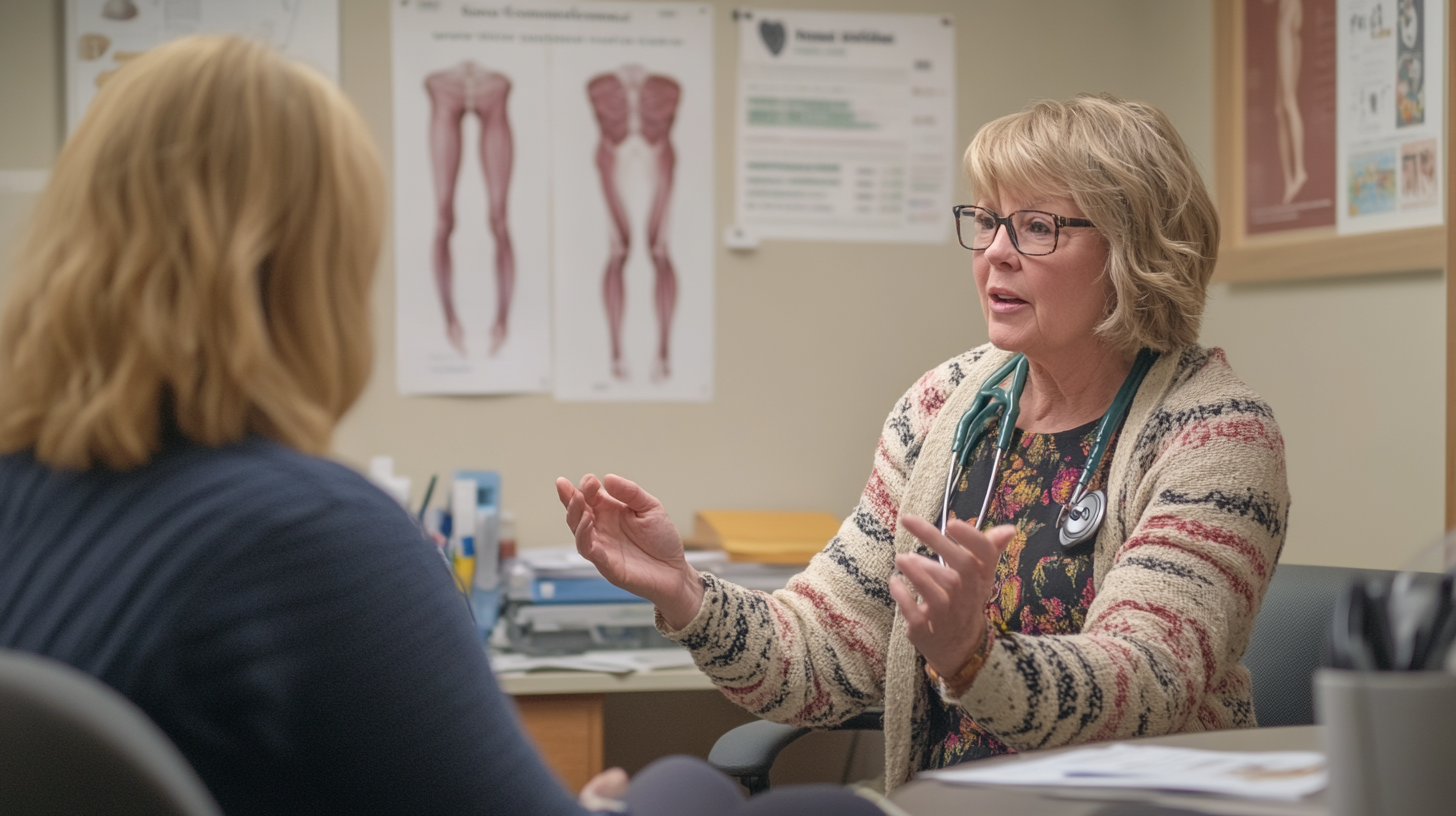 A healthcare professional is sitting in an office, talking to a patient. The professional is wearing glasses and a stethoscope around their neck, gesturing with their hands. The patient is seen from behind, with shoulder-length hair. Medical posters are visible on the wall in the background.