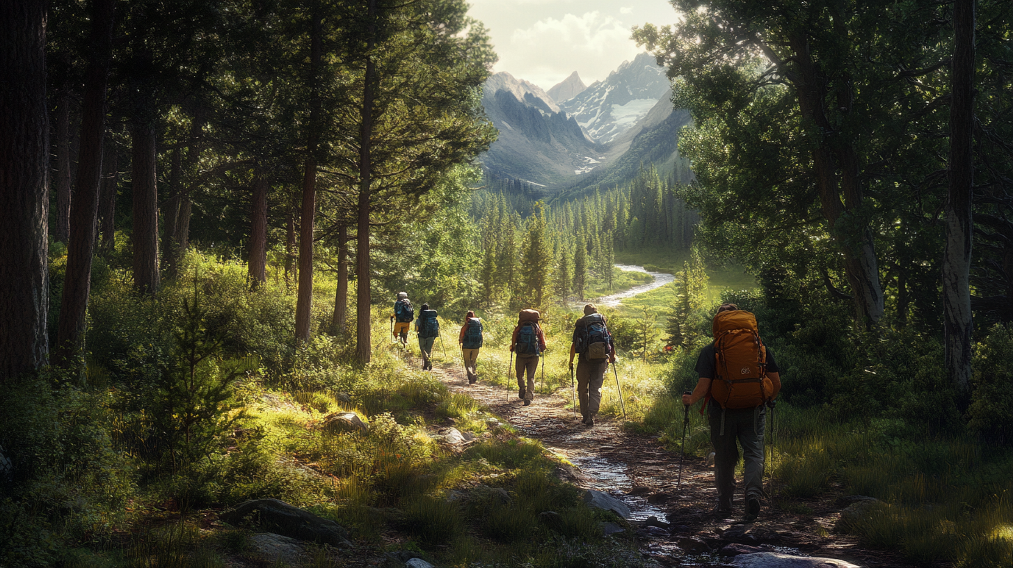 A group of hikers with backpacks walking along a forest trail. The path is surrounded by tall trees and lush greenery. In the background, there are snow-capped mountains under a partly cloudy sky. The scene is serene and sunlit, suggesting a pleasant day for hiking.