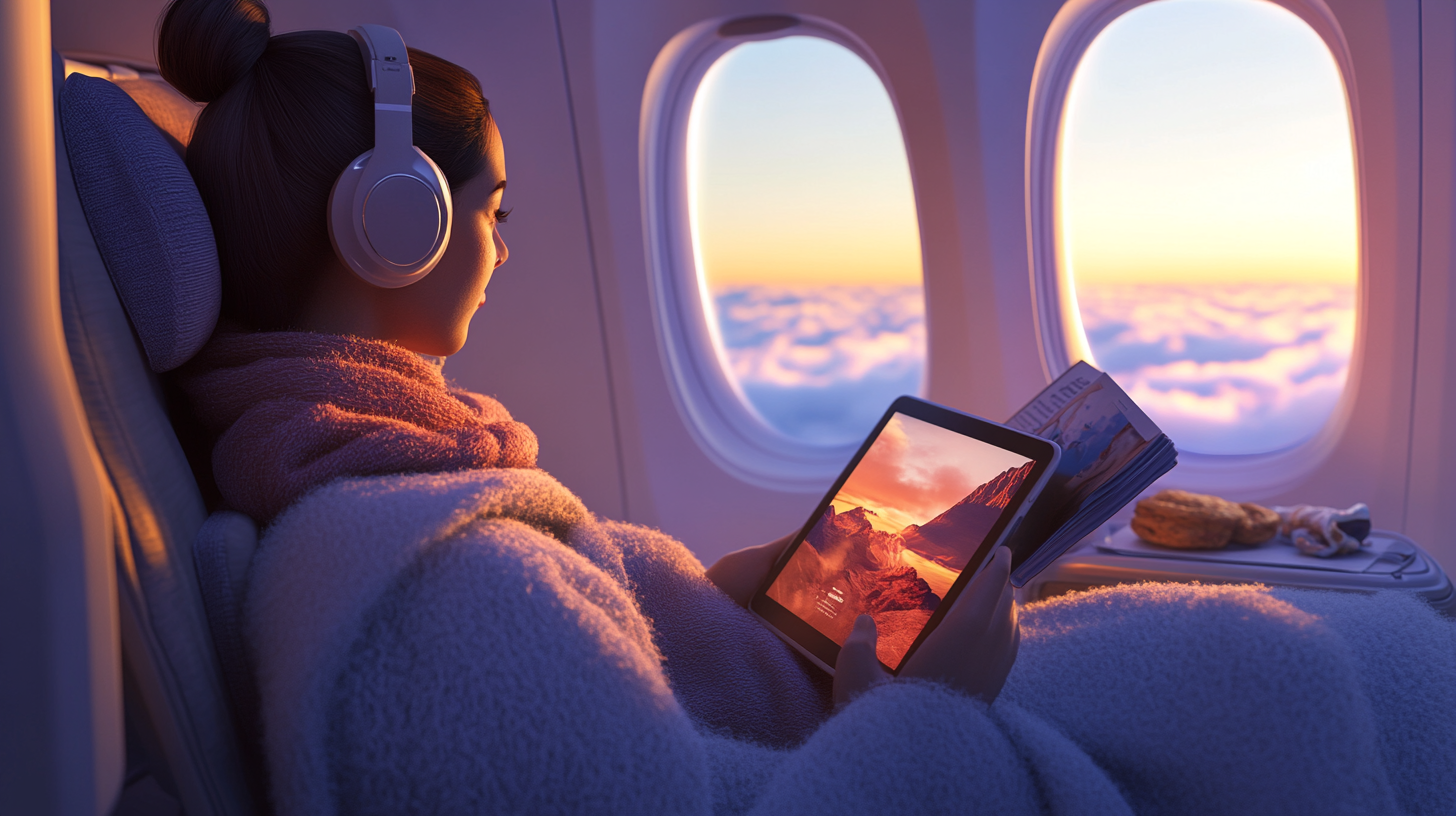 A person is sitting comfortably in an airplane seat, wearing headphones and wrapped in a cozy blanket. They are holding a tablet displaying a scenic image of mountains. The airplane window shows a view of clouds and a colorful sunset or sunrise. A tray table holds a magazine and some snacks.