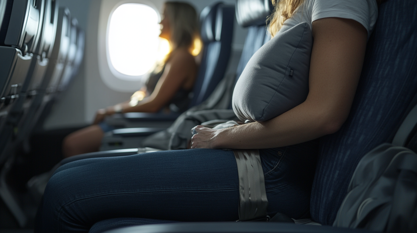 A person is sitting in an airplane seat, holding a gray pillow against their chest. They are wearing a white shirt and jeans, and have a seatbelt fastened. Another passenger is visible in the row ahead, sitting by the window with sunlight streaming in.