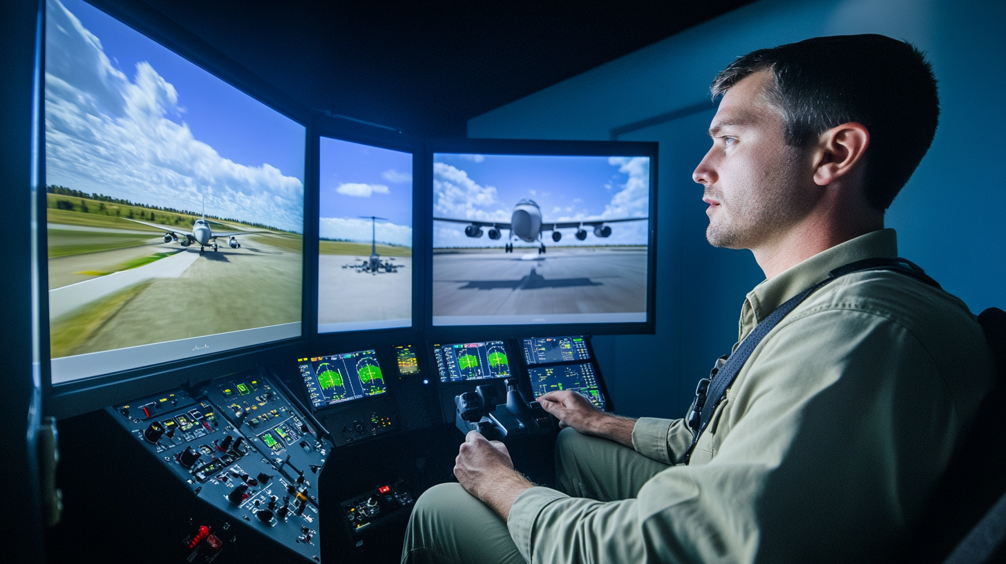 A person is sitting in a flight simulator cockpit, focused on operating the controls. Three large screens in front display realistic images of an airplane on a runway, simulating a flight environment. The cockpit is equipped with various control panels and instruments.