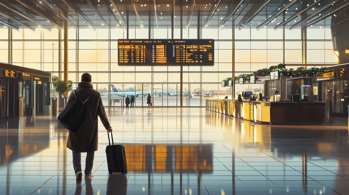 A person is walking through an airport terminal, pulling a suitcase. The terminal is spacious with a high ceiling and large windows showing airplanes outside. There is a flight information board hanging from the ceiling, and the check-in counters are decorated with holiday garlands. The scene is well-lit, suggesting daytime.