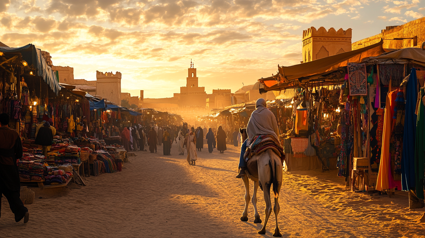 A bustling market scene at sunset, with a person riding a camel through a sandy street lined with colorful stalls. The market is filled with people browsing goods, and the warm glow of the setting sun casts a golden hue over the scene. Traditional buildings and a tower are visible in the background, adding to the vibrant atmosphere.