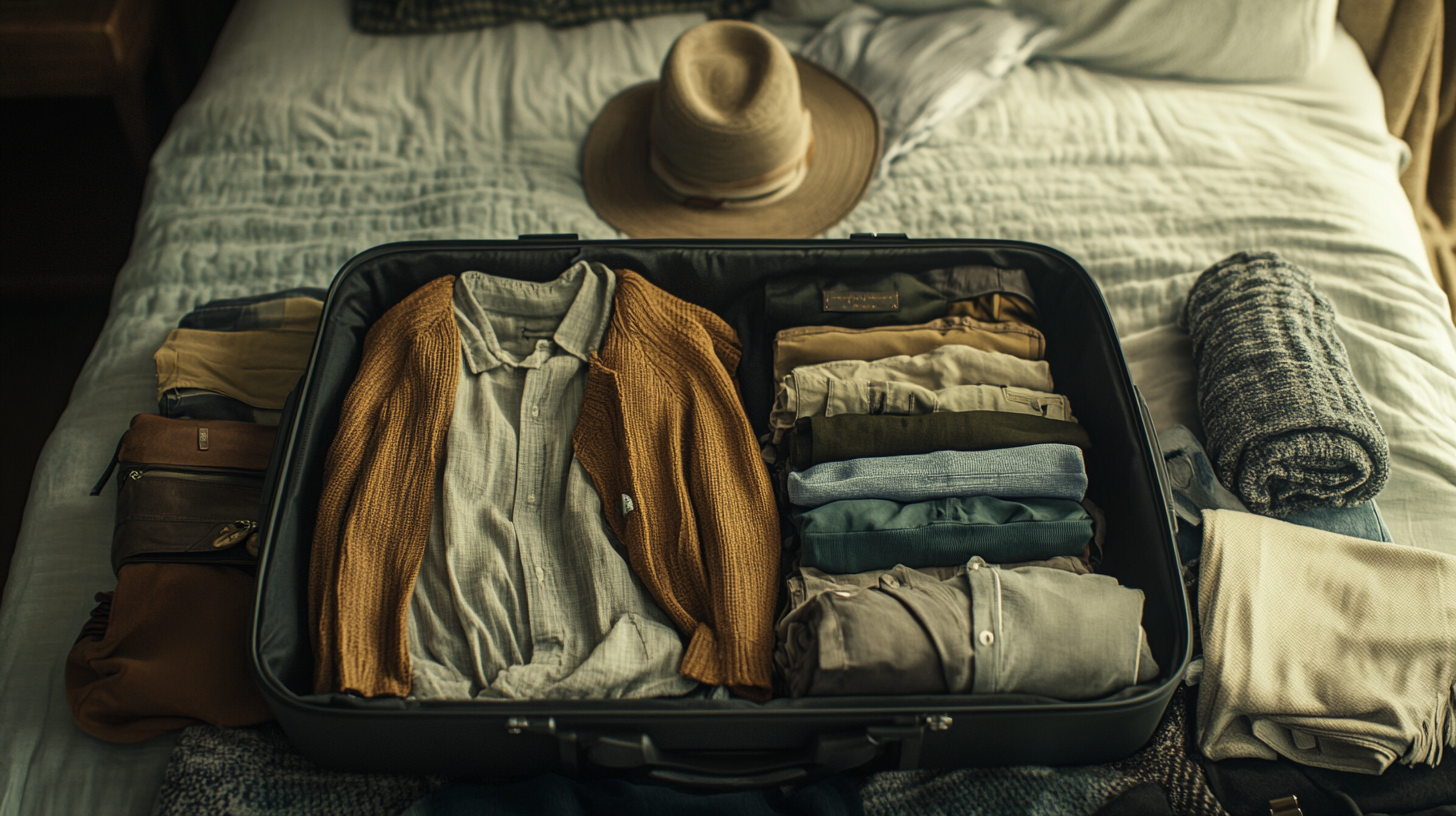 A neatly packed suitcase is open on a bed, containing folded clothes including shirts, pants, and a sweater. A hat is placed on the bed behind the suitcase. Additional items like a rolled-up sweater and a bag are arranged around the suitcase. The setting suggests preparation for travel.