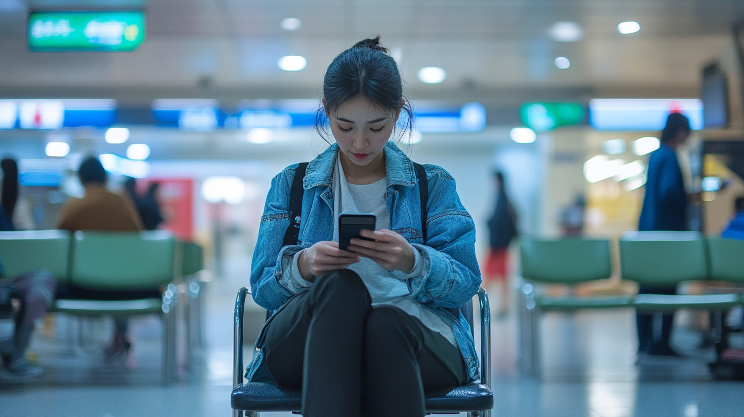 A person is sitting in an airport or train station waiting area, looking at their phone. They are wearing a denim jacket and have a backpack. The background is slightly blurred, showing other people and signs.