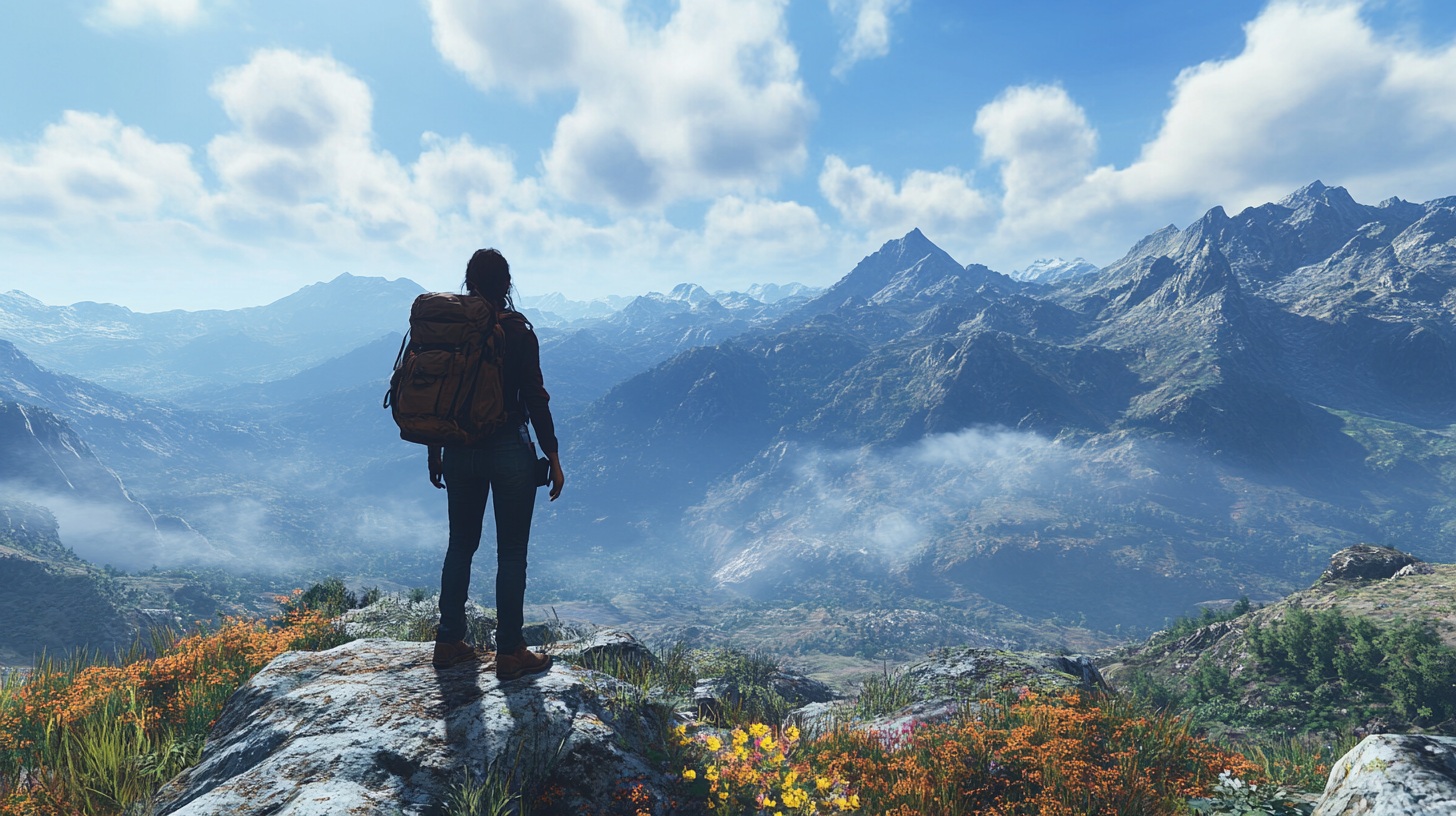 A person with a large backpack stands on a rocky outcrop, overlooking a vast mountain landscape. The scene is filled with rugged peaks under a blue sky with scattered clouds. In the foreground, colorful wildflowers and grasses are visible, adding vibrant hues to the natural setting. Mist or low clouds drift through the valleys below.