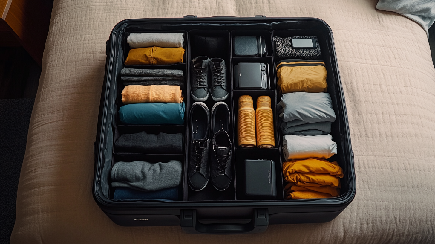 A neatly packed suitcase is open on a bed. Inside, clothes are rolled and organized in compartments. There are two pairs of black shoes, two orange water bottles, and several electronic devices. The clothing includes a variety of colors such as yellow, gray, and blue.