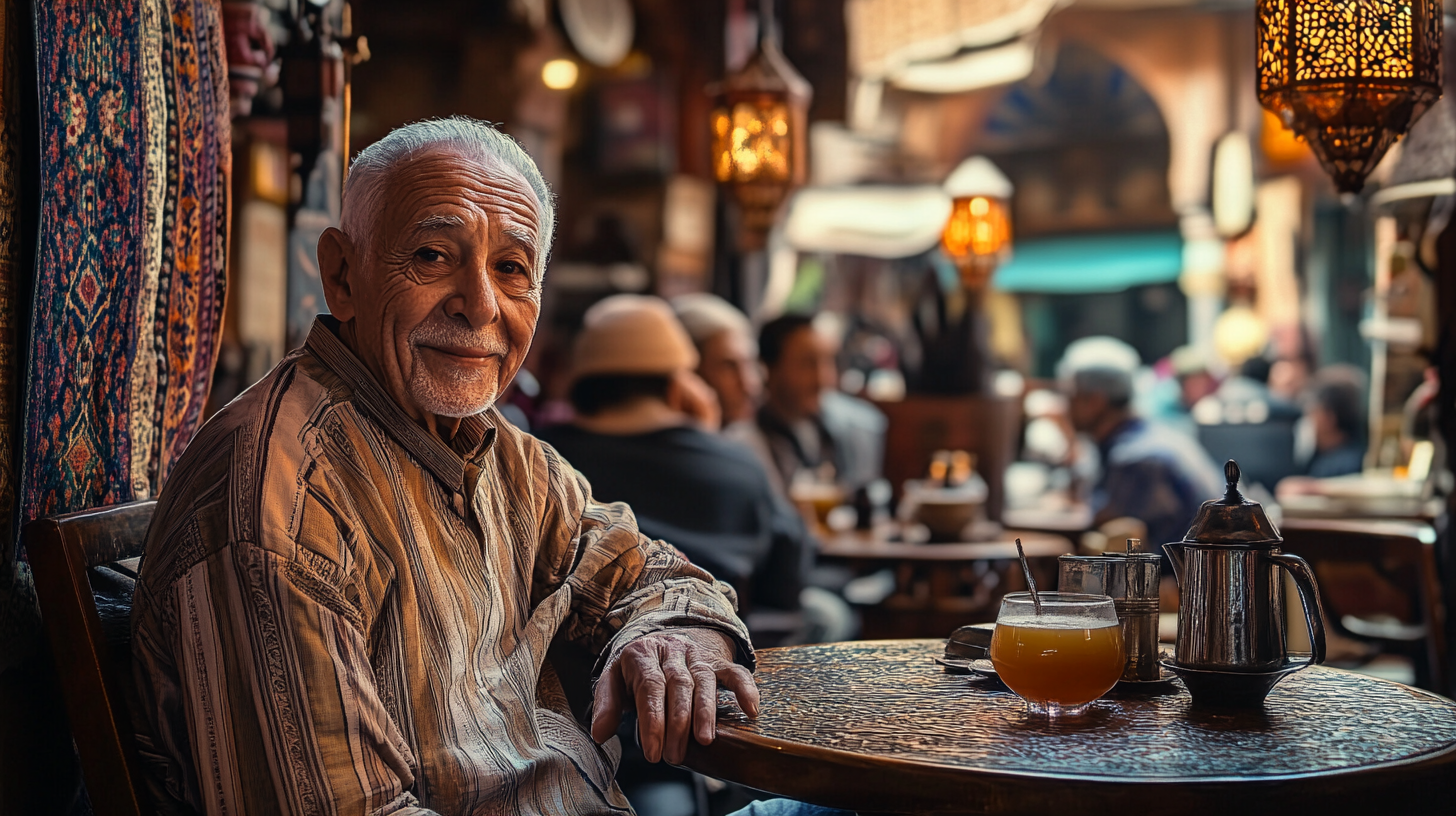 An elderly man with a gentle smile is sitting at a round, intricately designed table in a cozy, warmly lit café. He is wearing a striped shirt and looking at the camera. On the table in front of him, there is a glass of orange juice and a metal teapot. The background is softly blurred, showing other patrons and ornate hanging lamps, creating a lively and inviting atmosphere.