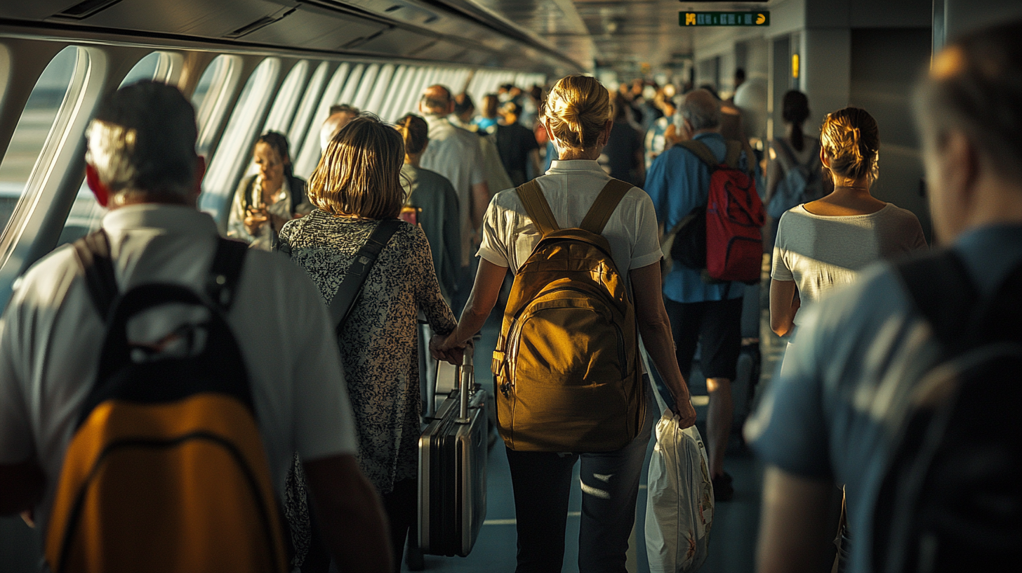 A crowded airport terminal with people walking in both directions. Many are carrying backpacks and luggage. The terminal is well-lit with natural light coming through large windows on the left side. The atmosphere is busy, with travelers moving towards their destinations.