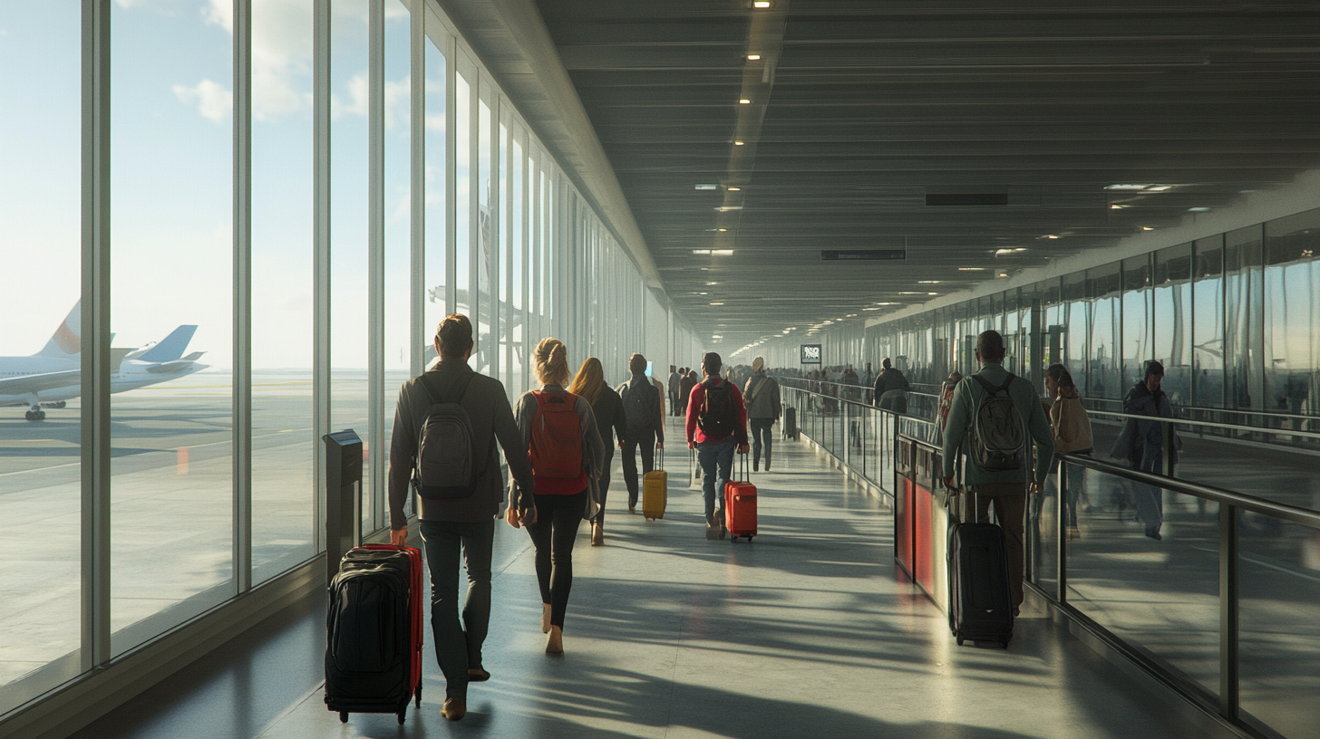 A busy airport terminal with people walking in both directions, some pulling suitcases. Large windows on the left side reveal a view of airplanes on the tarmac. The terminal is well-lit with natural light streaming in.