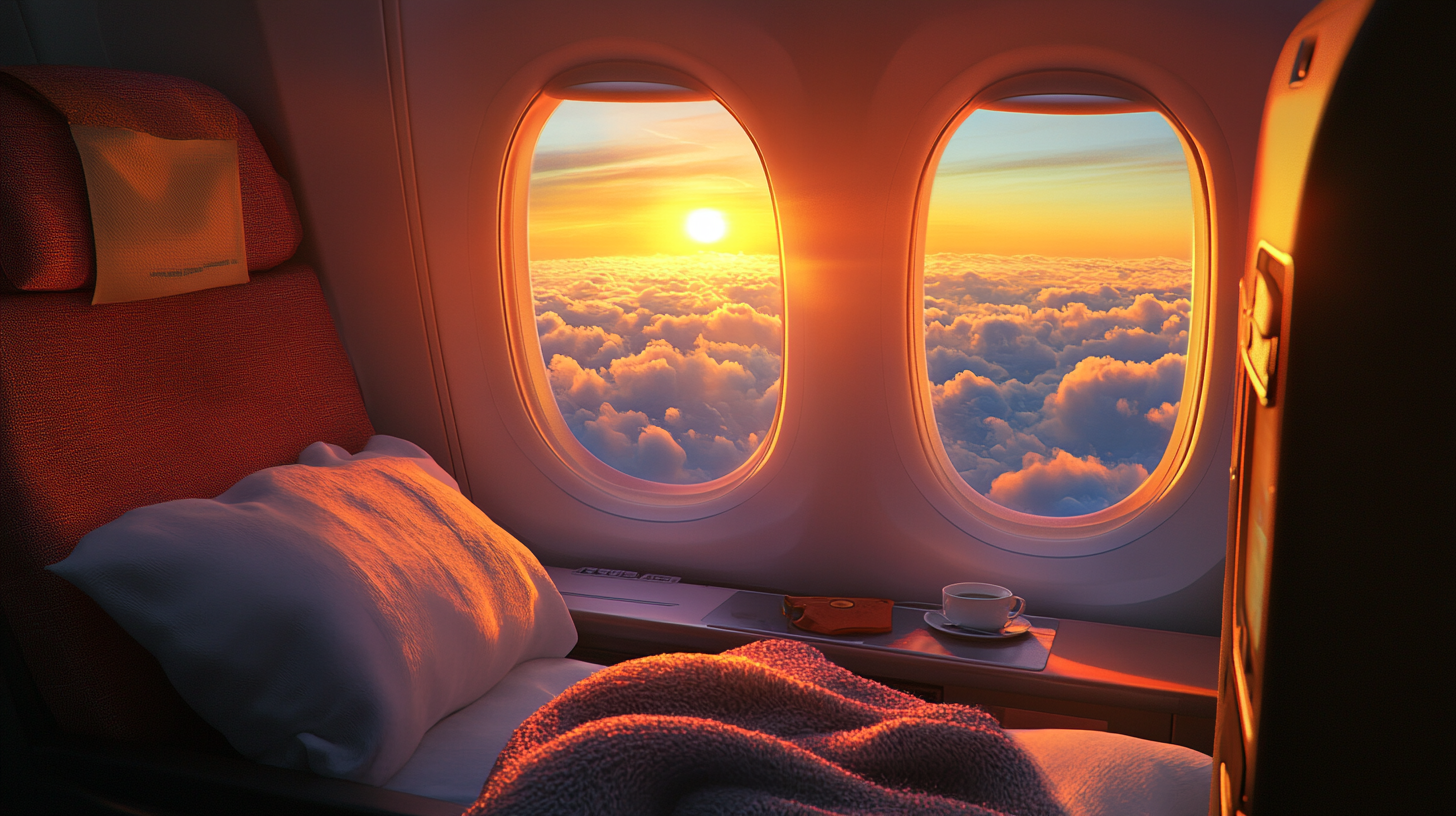 The image shows the interior of an airplane cabin with a comfortable seat and a window view. The seat is equipped with a pillow and a blanket, and there is a small table with a cup and saucer. Through the airplane windows, a stunning sunset is visible, with the sun setting over a sea of clouds, casting a warm glow inside the cabin.