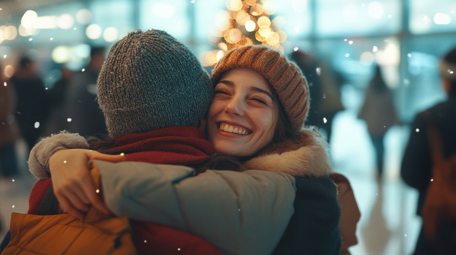 A woman wearing a brown knit hat is smiling broadly while hugging another person in a winter setting. The background is softly blurred with bokeh lights, suggesting a festive atmosphere. Snowflakes are gently falling around them.