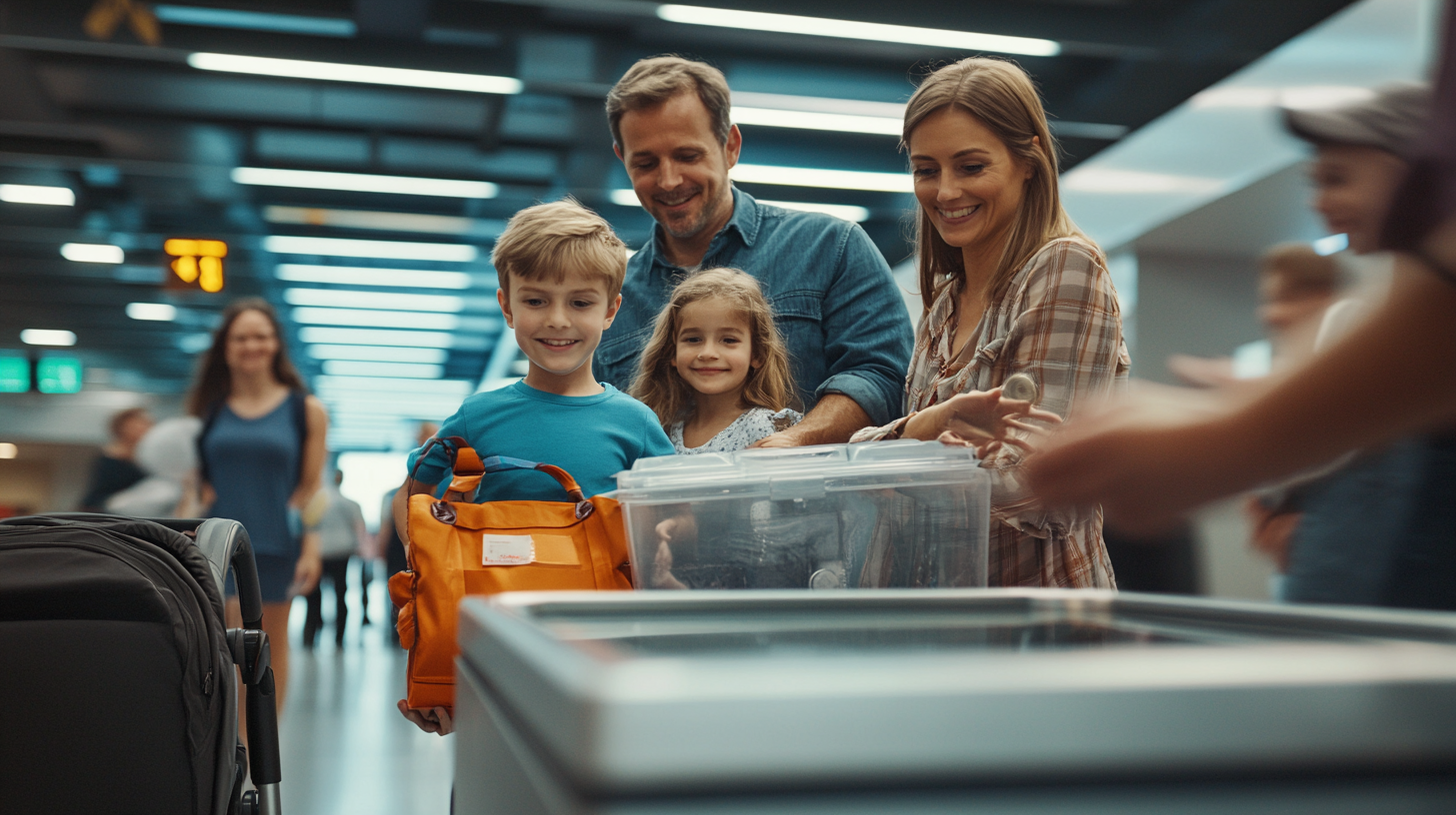 A family of four is at an airport security checkpoint. The parents are smiling as they help their two children, a boy and a girl, place items into a clear plastic bin. The boy is holding an orange backpack. The background shows other travelers and the modern interior of the airport.