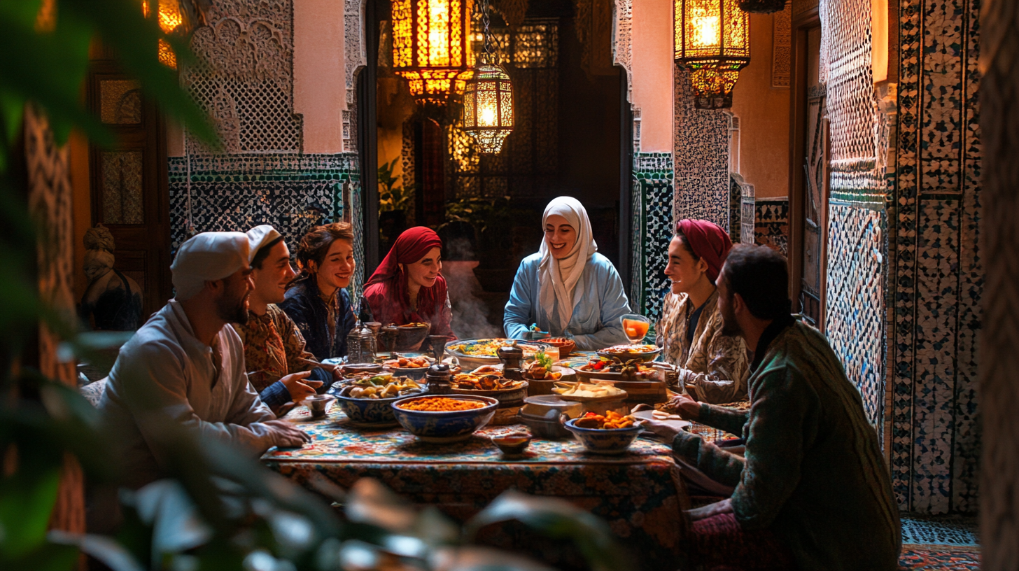 A group of people is sitting around a table enjoying a meal together in a warmly lit, ornately decorated room. The table is filled with various dishes, and the people are smiling and engaged in conversation. The room features intricate tile work and hanging lanterns, creating a cozy and inviting atmosphere.