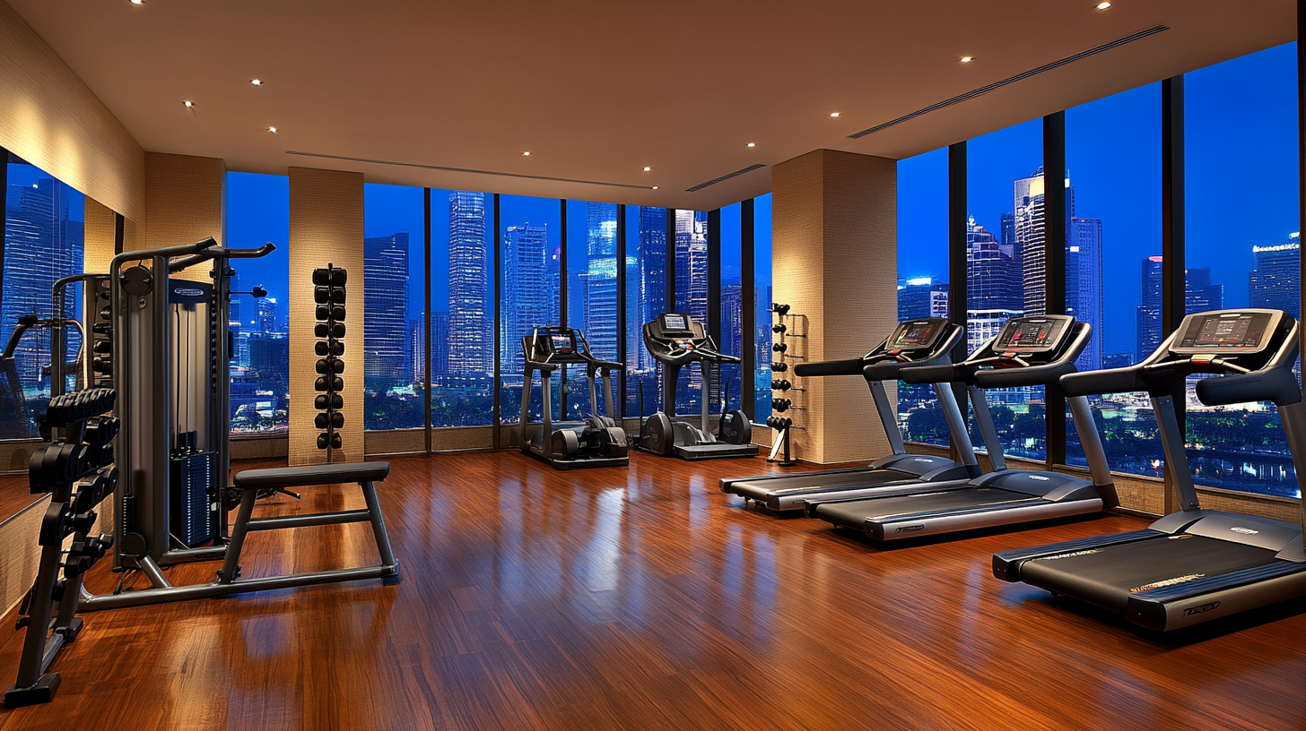 A modern gym with large windows overlooking a city skyline at night. The gym features several treadmills, elliptical machines, and a weight machine. The wooden floor and ambient lighting create a sleek and inviting atmosphere.