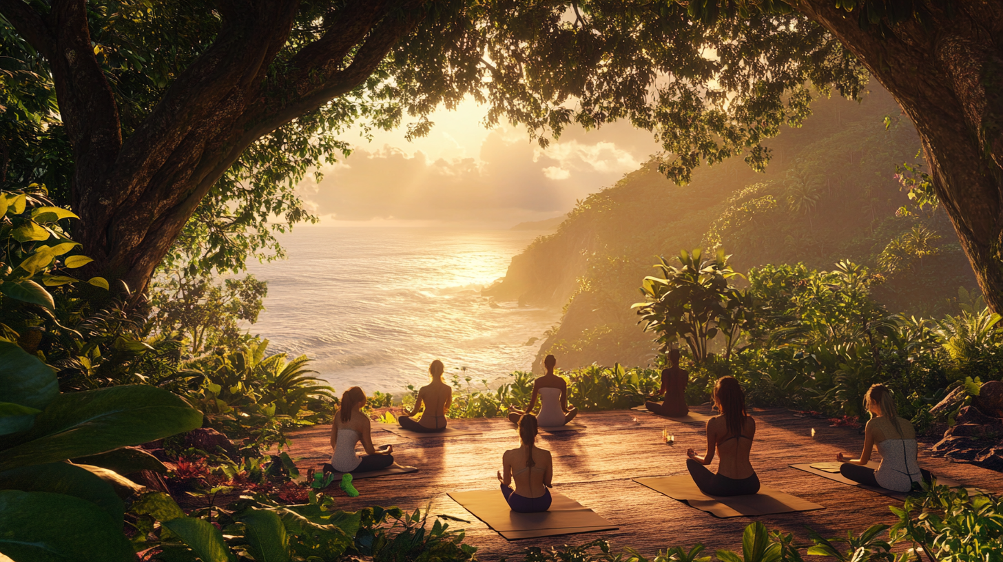 A group of people is practicing yoga on mats in a serene outdoor setting. They are surrounded by lush greenery and large trees, with a view of the ocean and a cliff in the background. The sun is setting, casting a warm glow over the scene.