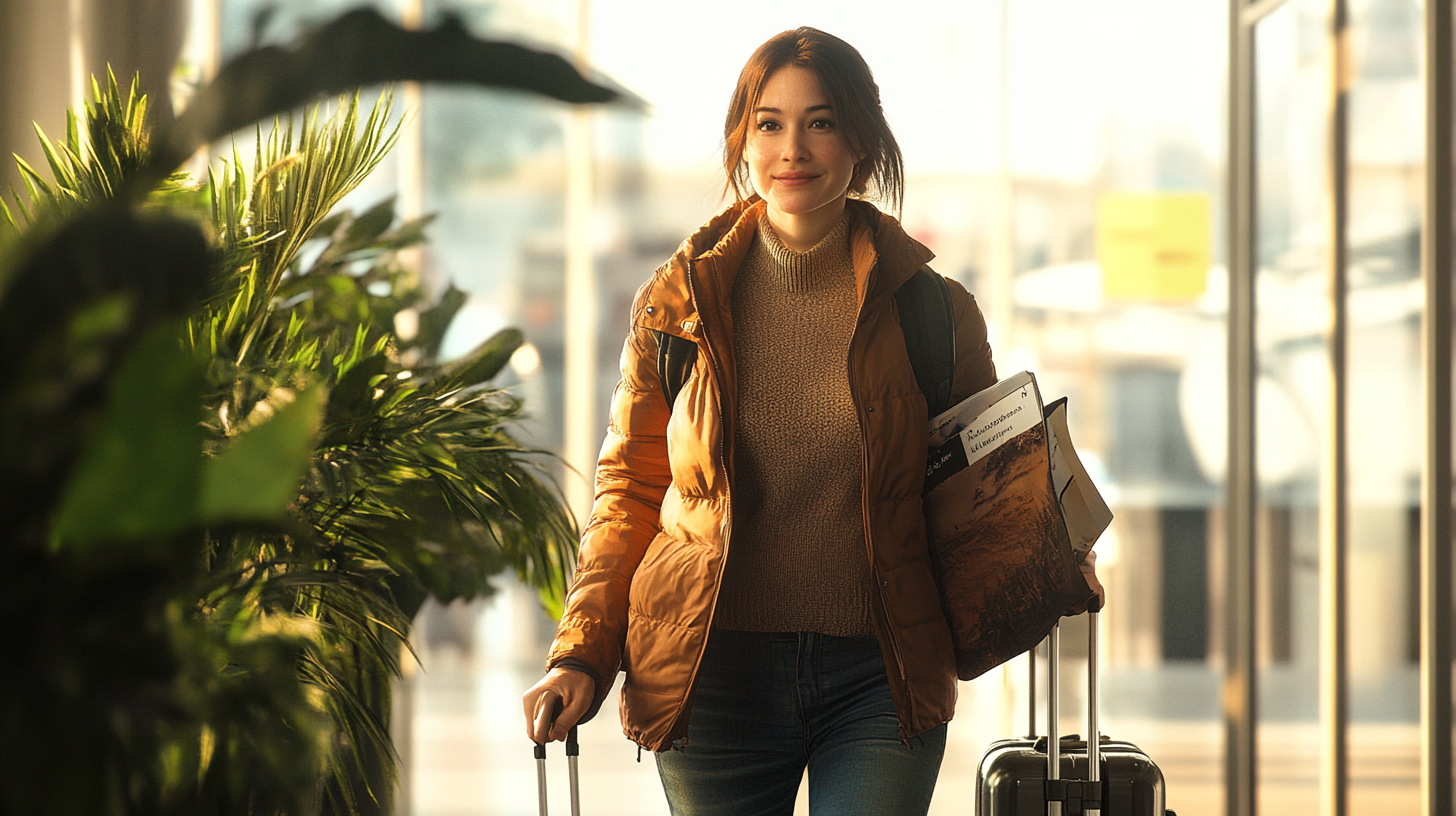 A woman is walking through an airport terminal, pulling a suitcase. She is wearing a brown puffer jacket and a beige sweater, and carrying a backpack. She holds a travel document or magazine. There are green plants on the left side of the image, and the background is softly blurred, suggesting a bright, airy environment.